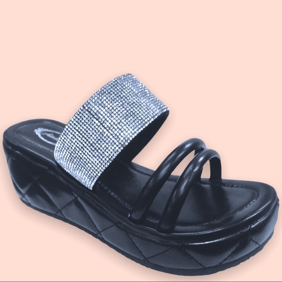 Italina Black Strappy Triple Band Rhinestone Platform Slip-On Quilt Wedge Sandal - Picture 4 of 6